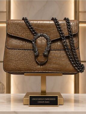 Leather Croc-Embossed Crossbody Bag with Snake Head Hardware
